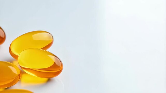 Close-up of yellow gel capsules arranged on a white surface, highlighting supplement and health concepts