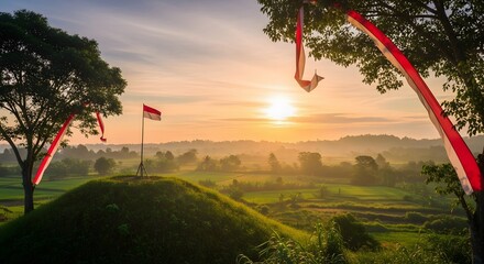 Scenic Sunrise Over Green Hills with Red and White Flags and Trees in the Foreground