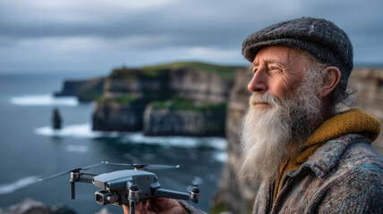 Obraz premium Senior man operates drone over stunning coastal cliffs in peaceful solitude