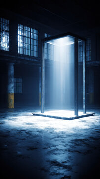 Single glowing light beam illuminates metal frame in abandoned warehouse, creating mysterious atmosphere