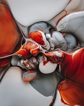 Abstract liquid swirl patterns blend red, white, and gray hues in smooth, flowing design