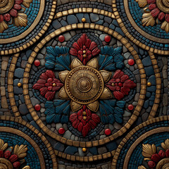 Obraz premium Byzantine mosaic patterns in rich jewel tones of ruby, sapphire, and gold, ancient luxury recreated generative ai