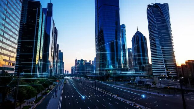 Futuristic Cityscape at Dawn: A Symphony of Skyscrapers and Light Trails - Powered by Adobe