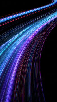 Dynamic light trails create swift, curved lines of vibrant blue and purple against dark background