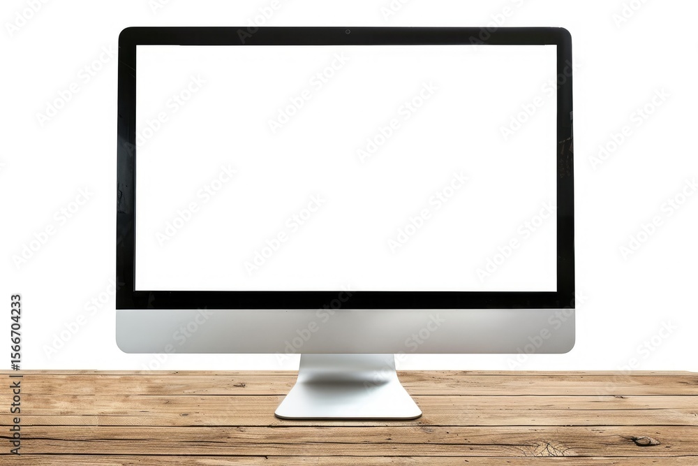 Poster sharp picture of desktop computer on wooden table isolated on white background
