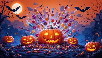 Halloween pumpkins surrounded by colorful candies and lollipops.