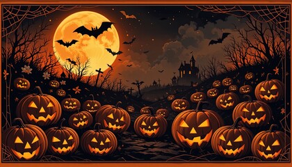 Illuminated pumpkins on a hillside at night.