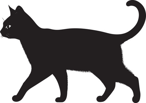 Cat with Tail Up Silhouette A friendly cat moving gracefully, its tail curved upwards in a playful manner, full-length silhouette in black vector art.