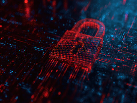 Glowing red digital padlock symbolizes cybersecurity on dark, futuristic background