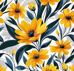 Seamless Yellow Floral Pattern on White Background,Generative AI

