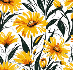 Bright Yellow Flowers Watercolor Seamless Texture,Generative ai

