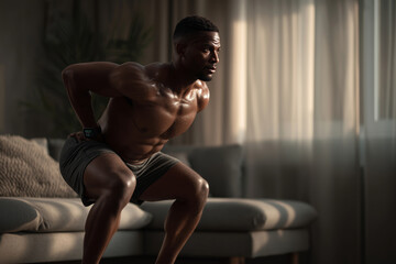 Home workout motivation with Black man performing squats in cozy living room