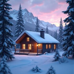 cozy cabin nestled snowy mountainside winter landscape warmth serenity nature retreat, cottage, trees, wood, fireplace, snowflakes, ice, clouds, scenery, pine