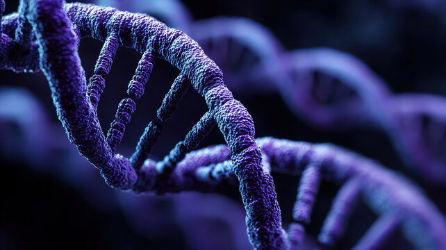 Close up of glowing DNA strand in dark background, symbolizing genetic engineering and biotechnology