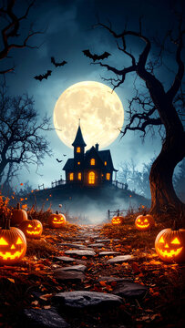 Halloween background with pumpkins and haunted house. Spooky dark night forest. Holiday event halloween banner background.