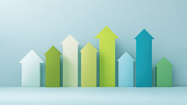 Colorful arrows of varying heights point upward against light blue background, symbolizing growth and progress