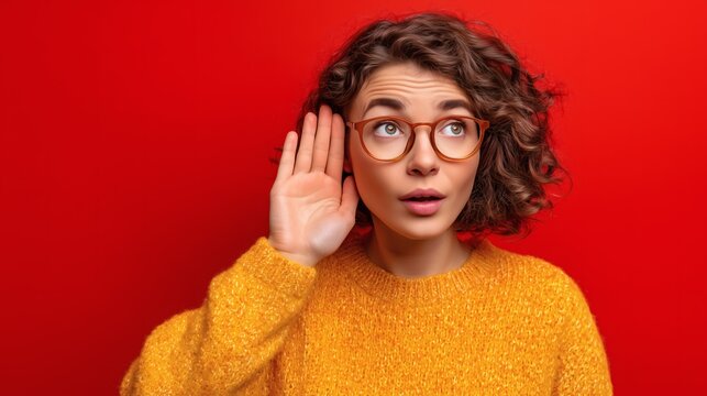 Femme &eacute;coutant attentivement main &agrave; l&rsquo;oreille geste communication audition fond rouge portrait