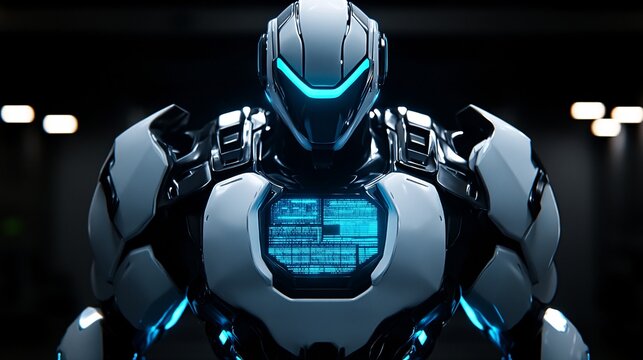 futuristic robo warrior with illuminated armor and data display in dark background