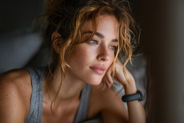 Obraz premium Young woman lost in thoughts while sitting on her bed during a quiet morning