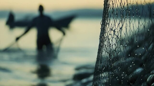 Dewy fishing net on shore with blurred silhouette of fisherman at sunset.