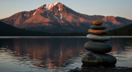 Balanced stones on lake shore with mountain backdrop at sunset