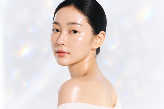 Radiant asian woman with dewy skin and subtle rainbow light effects