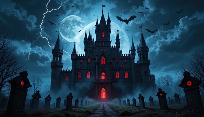 Dark gothic castle with glowing red windows, at night, surrounded by tombstones.