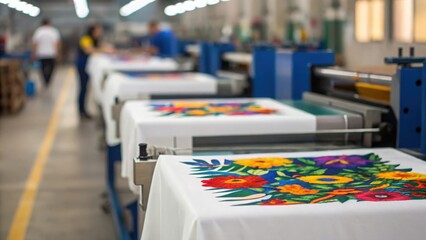 Fototapeta na wymiar Blurred background of garment printing space showcasing vibrant designs on T-shirts in progress 