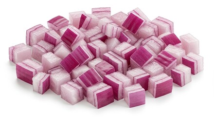 Pile of vibrant diced red onion cubes ready for cooking preparation