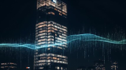 Illuminated Office Building at Night with Data Stream Overlay - Powered by Adobe