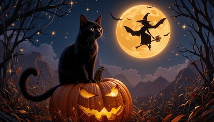 Halloween night scene with a black cat and a witch.