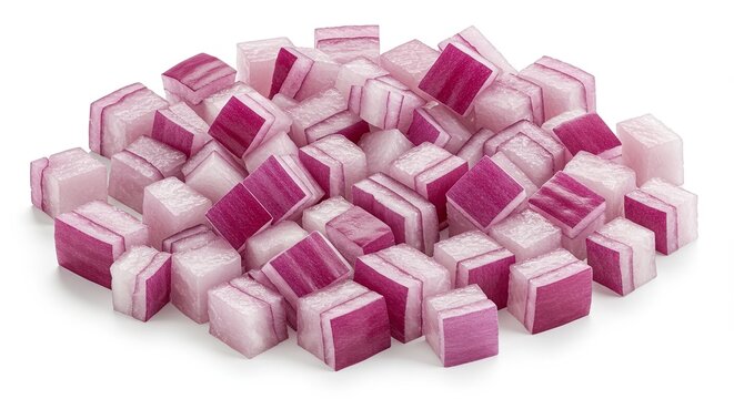 Pile of vibrant diced red onion cubes ready for cooking preparation