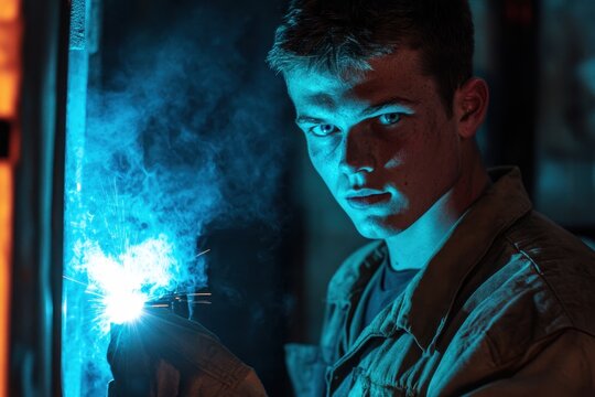 Young welder intensely works with blue welding sparks in a dark workshop. Ideal for industry, skilled trades, and vocational programs illustrations.