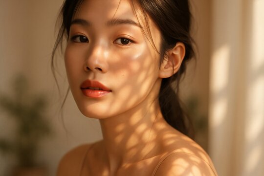 Young asian woman with natural makeup and sunlit skin in soft light