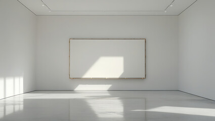 Sunlight streams into a bright art gallery showcasing a blank canvas, perfect for showcasing art or design projects in a modern setting.