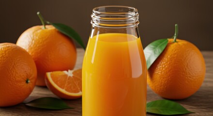 Refreshing orange juice in glass bottle surrounded by fresh oranges creates a vibrant healthy beverage scene