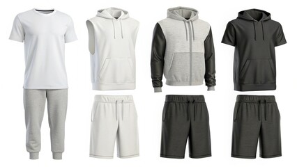 Modern Men's Athleisure Wear:  White, Gray, and Black Hoodies, T-Shirt, Shorts, and Joggers.