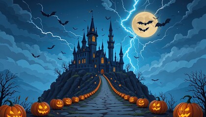 Halloween castle on a hilltop, illuminated by jack-o'-lanterns.