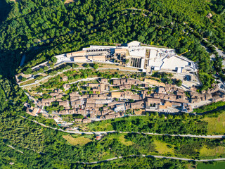 Italy, July 4, 2025: Aerial view, from the drone, of the medieval village of Civitella del Tronto, in the province of Teramo, in Abruzzo. Here you can breathe peace and tranquility and history.