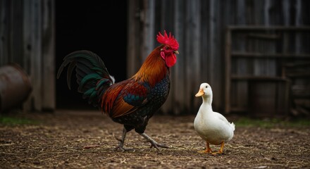 Vibrant rooster struts beside a white duck on a farm evoking rural charm and sustainable living