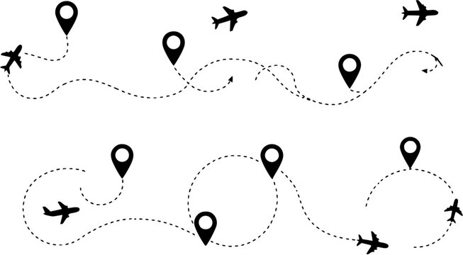 round trip travel concept. plane travelling from start point to end point with dotted line tracing. trip planning vector symbol on transparent background.