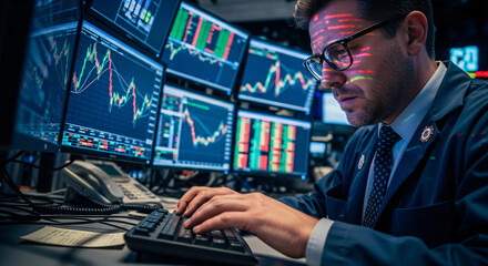 A man in a suit analyzes stock market data displayed on multiple computer screens while typing on a keyboard.