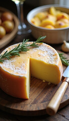 Artisan Cheese Platter with Rosemary Garnish: Delightful Cheese Tasting Experience with Sliced Cheese, Fruit, and Wine Pairings, Perfect for Festive Dining and Casual Gatherings