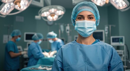 Dedicated female surgeon ready for surgery in modern operating room with medical team and advanced equipment