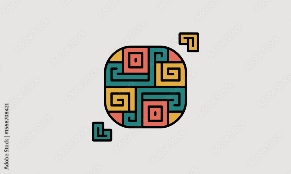 Poster geometric symbol design: abstract swirls form a square in minimalist style, featuring a neutral back