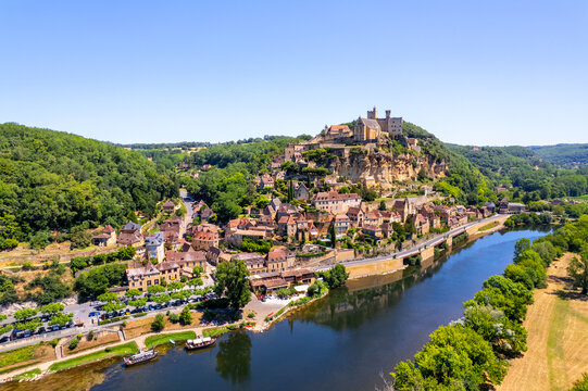The Chateau de Beynac and the village of Cazenac along the Dordogne River, France