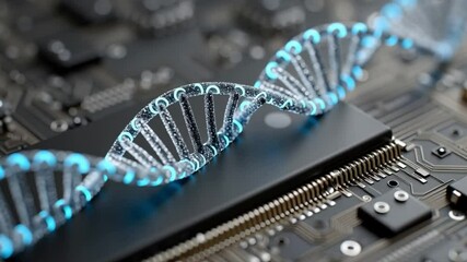 Close-up of a DNA strand on a circuit board, symbolizing biotechnology and innovation in science. - Powered by Adobe