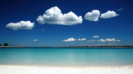 Fototapeta premium Tranquil Beach Scene: Azure Waters, Fluffy Clouds, and White Sand.