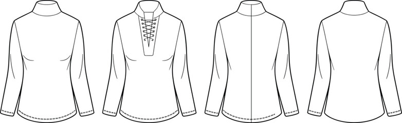 Women’s high neck top vector, lace-up collar blouse, long sleeve shirt template, fashion technical sketch, knitwear flat design, front and back views