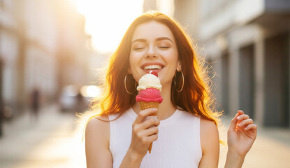 Happy Red-Haired Woman Enjoying Ice Cream on a Sunny Street